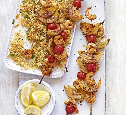 Harissa prawn skewers with carroty couscous