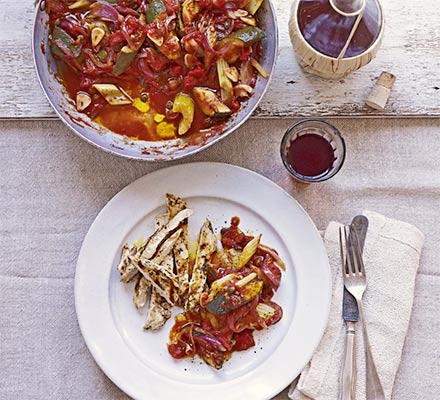 Courgette caponata with thyme & garlic chicken