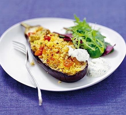 Baked aubergines with coriander yogurt dressing