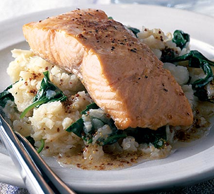 Salmon with mustardy celeriac mash