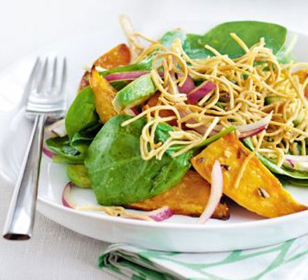 Spiced sweet potato salad with crisp noodles