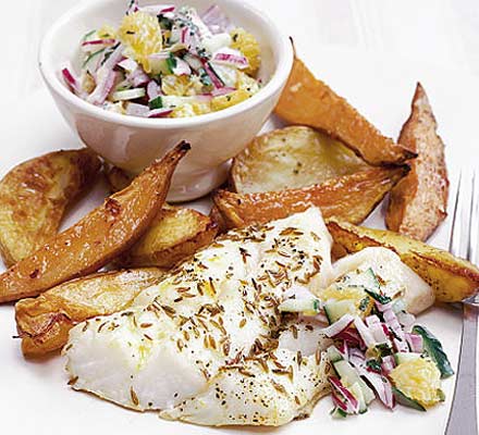 Roast fish & chips with orange raita