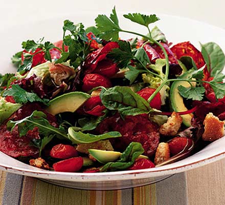 Warm avocado salad with spicy chorizo