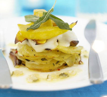 Chilli potato stack with squash & garlic butter sauce