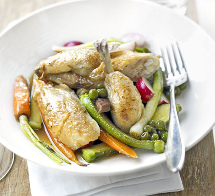 Lemon roast poussin with spring vegetables