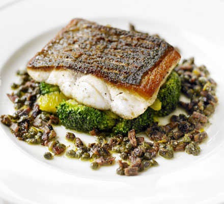 Pan-fried sea bass with citrus-dressed broccoli