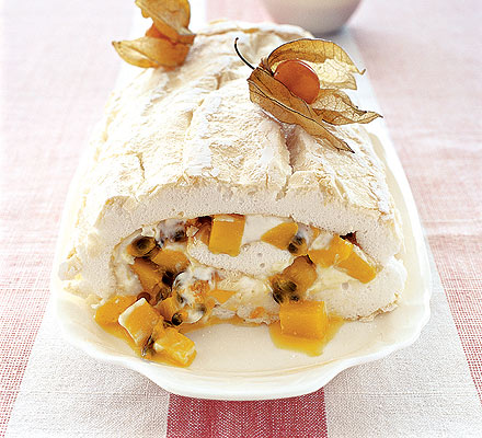 Mango & passion fruit meringue roulade