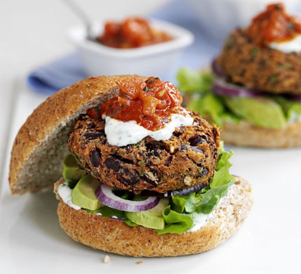 Mexican bean burgers with lime yogurt & salsa