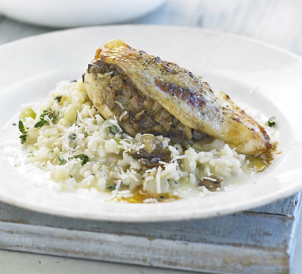 Mushroom-stuffed chicken with lemon thyme risotto