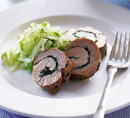 Herby garlic rolled pork with apple salad