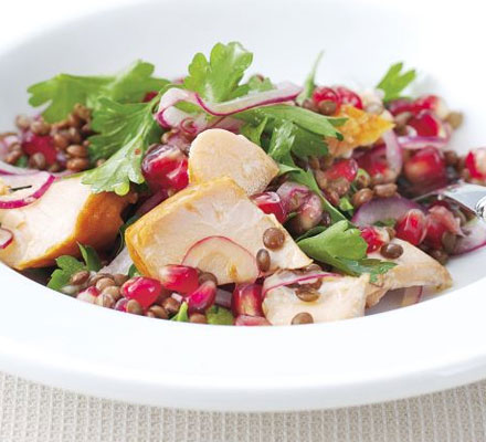 Hot-smoked salmon, lentil & pomegranate salad