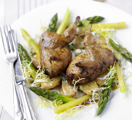 Roast & marinated quail with warm spring vegetable salad