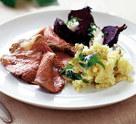 Salt crust sirloin with roasted beetroot & horseradish cream