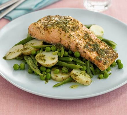 Spring salmon with minty veg