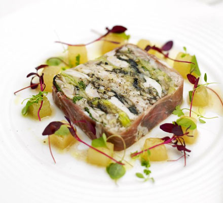 Prosciutto-wrapped chicken & leek terrine