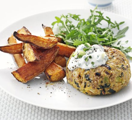 Lighter lamb burgers with smoky oven chips