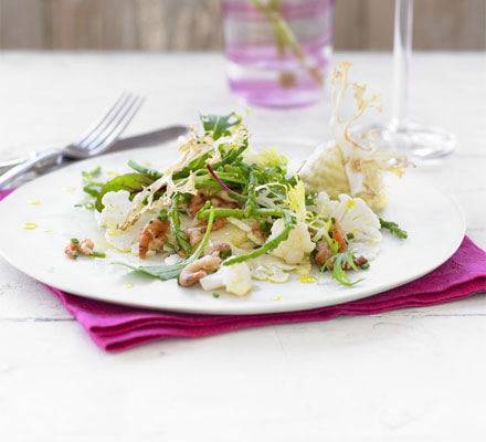 Cauliflower carpaccio with Morecambe Bay shrimps & samphire