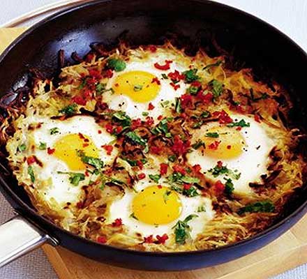 Potato cake with chilli eggs