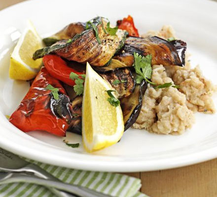 Grilled Mediterranean veg with bean mash