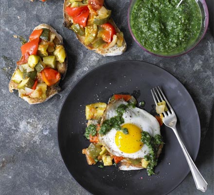 Braised summer vegetable pisto with emerald sauce & fried egg