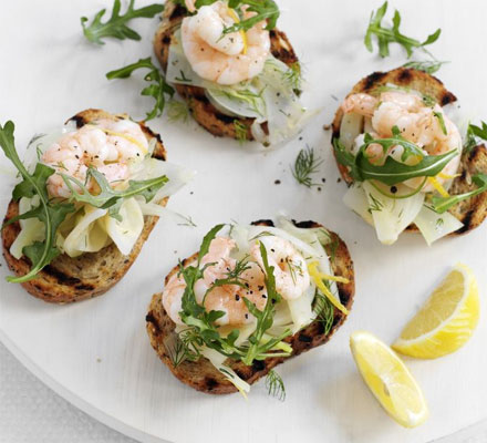 Prawn bruschetta with lemony fennel salad