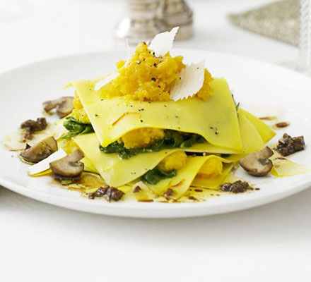 Open ravioli with squash & porcini mushrooms