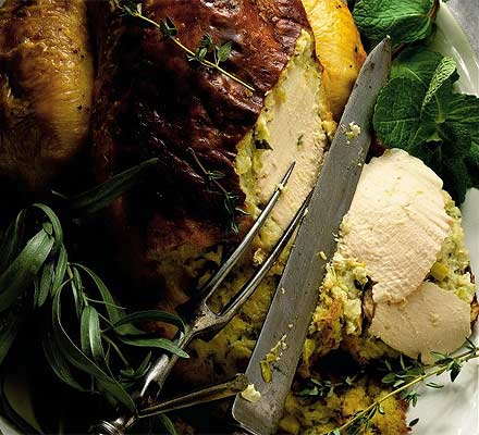 Roast chicken with leek, tarragon & goat’s cheese stuffing