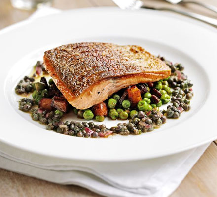 Pan-fried sea trout, peas & chorizo fricassée