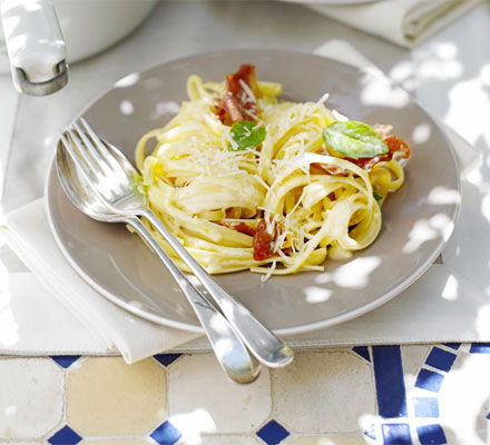 Creamy linguine with ham, lemon & basil