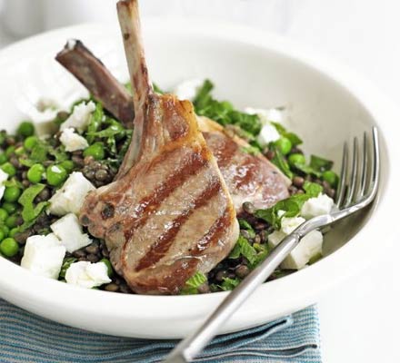 Lamb cutlets with lentil & feta salad