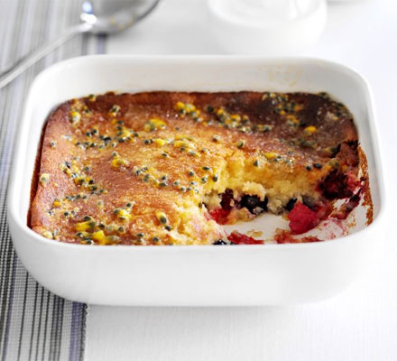 Berry bake with passion fruit drizzle