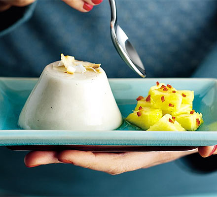 Coconut panna cotta with pineapple salsa