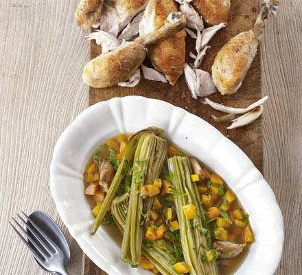 Roast chicken with braised celery hearts