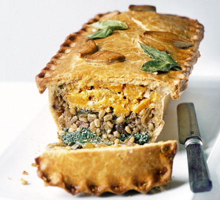 Layered squash, barley & spinach pie