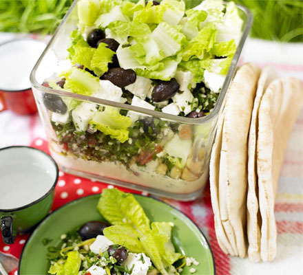 Layered hummus, tabbouleh & feta picnic bowl