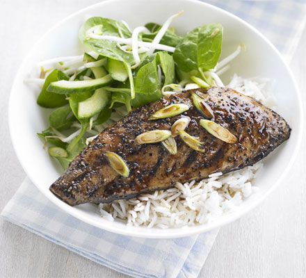 Teriyaki mackerel with tangy cucumber salad