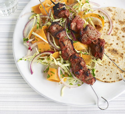 Tandoori lamb skewers with crunchy slaw & raita