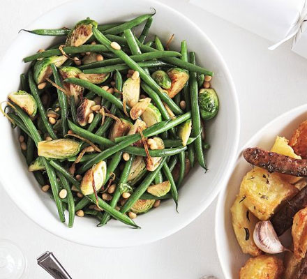 Stir-fried sprouts with green beans, lemon & pine nuts