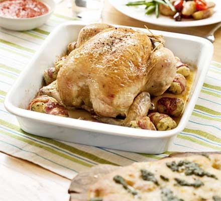 Roast chicken with pancetta & ricotta stuffing balls