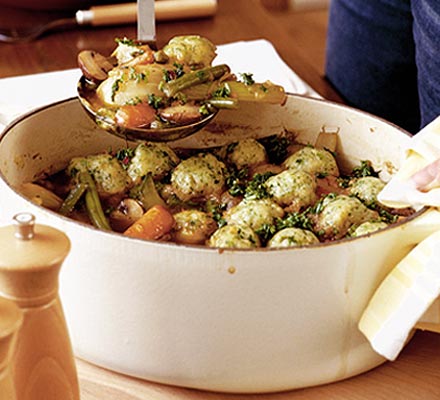 Spring veggie casserole with little herb dumplings