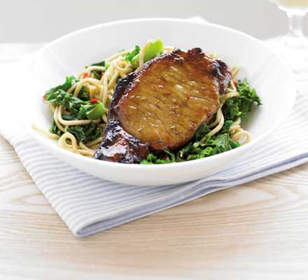 Sticky pork with gingered noodles & kale