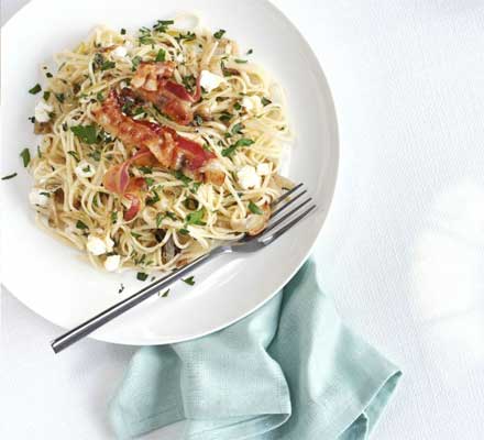 Goat’s cheese & garlic linguine with crisp pancetta