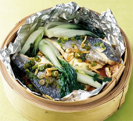 Steamed bass with pak choi