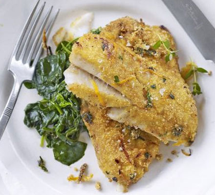 Pan-fried white fish with polenta & orange crust