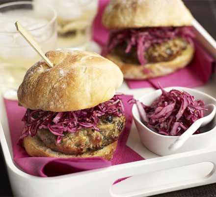 Pork & apple burgers with pickled red cabbage