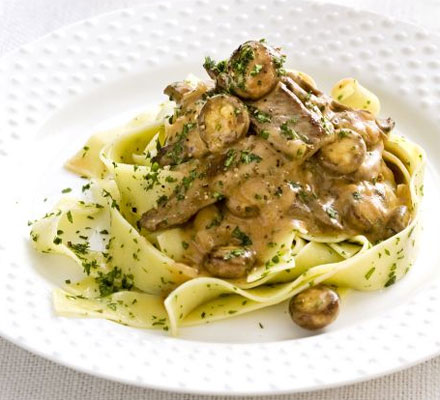 Beef stroganoff with herby pasta