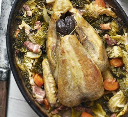 Pot-roast guinea fowl with cabbage & bacon