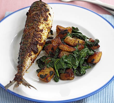 Devilled mackerel with potatoes & spinach