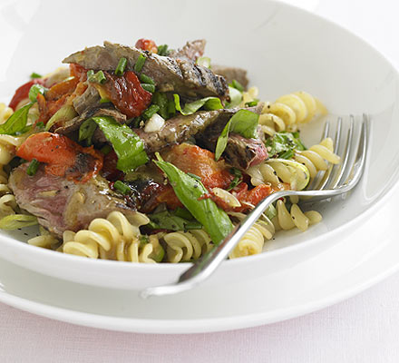 Hot BBQ beef, horseradish & pasta salad