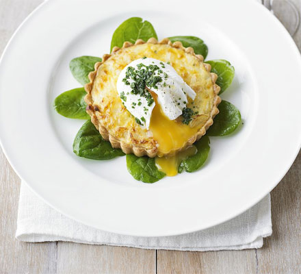 Smoked haddock tartlets with poached eggs & chives